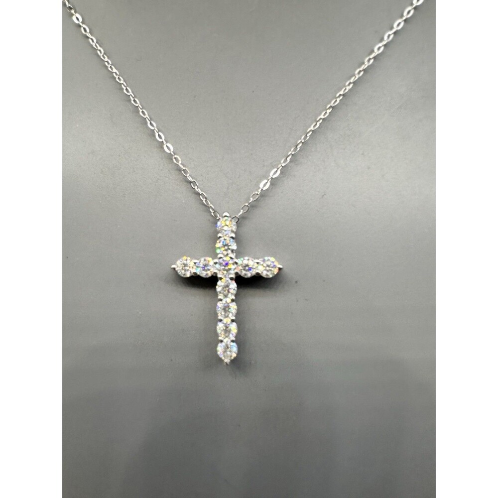 Moissanite Cross Pendant Necklace 925 Sterling Silver Chain 16-18” GRA Certified